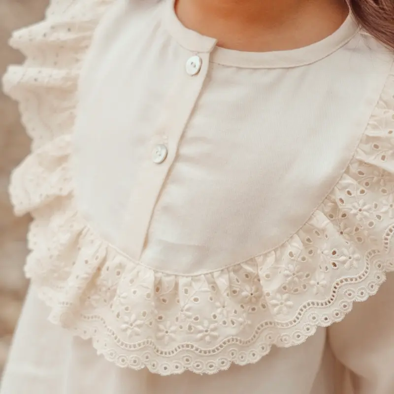 100% Organic Cotton Pureza Blouse with Lace - Natural - 2-8y