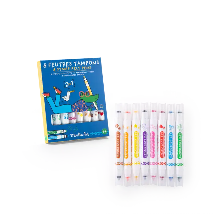 8 Feutres tampons 2 en 1 Les Loufoques - Moulin Roty