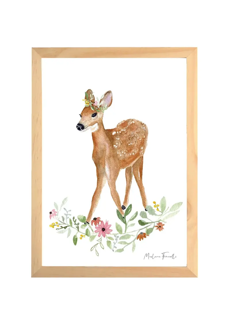Aquarelle en cadre biche Suzy avec fleurs - Marlene Fancelli Art