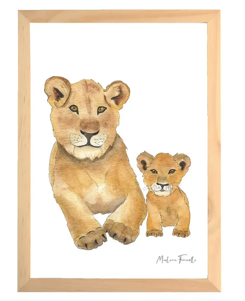Aquarelle en cadre Famille Lionne & bébé - Marlene Fancelli Art