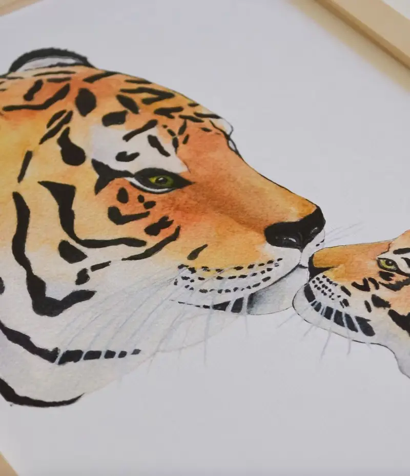 Aquarelle en cadre Famille Tigre - Marlene Fancelli Art