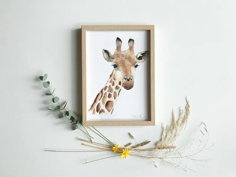 Aquarelle en cadre Seraphin Girafe a3 - Merlene Fancelli Art