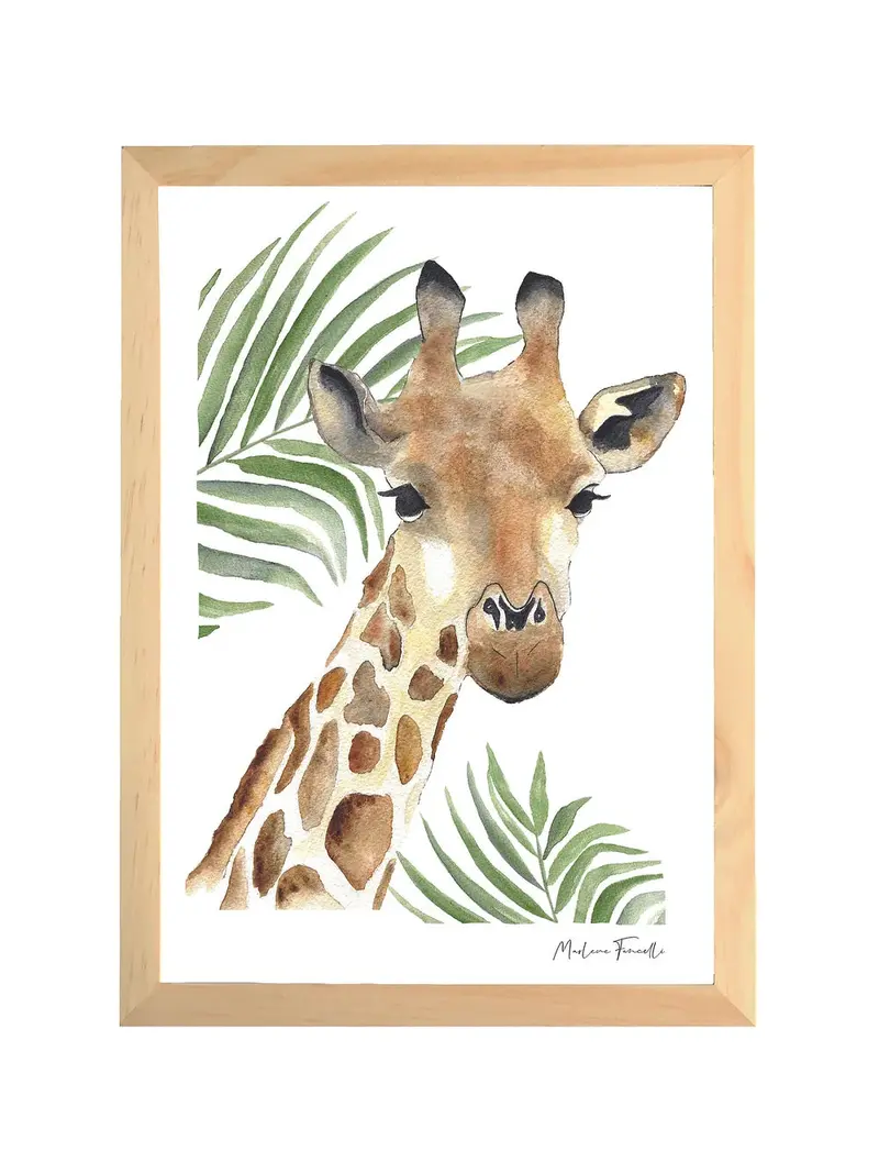 Aquarelle en cadre Seraphine girafe feuilles - Marlene Fancelli Art