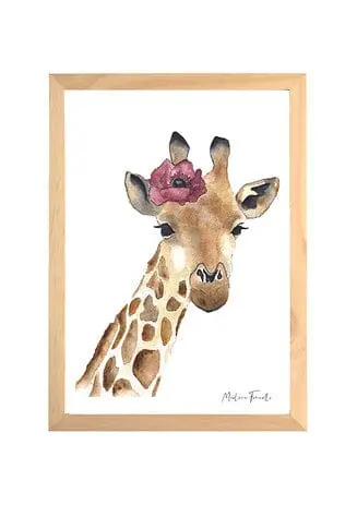 Aquarelle en cadre Seraphine girafe fleur a4 - Marlene Fancelli Art
