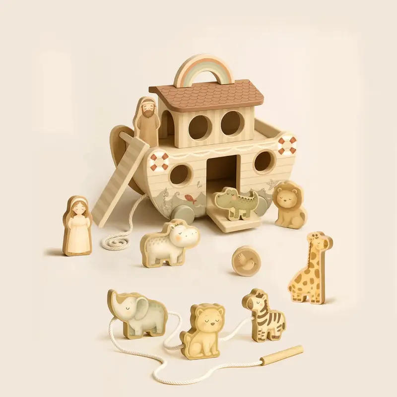 Arche de Noé en bois avec animaux – Jouet d’éveil 18 mois