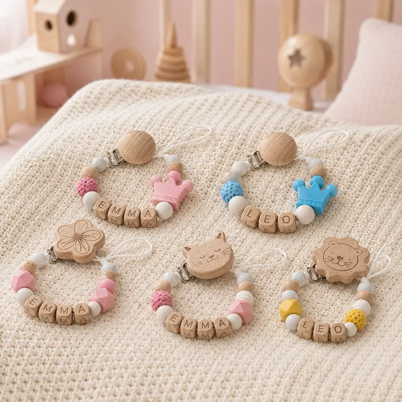 Attache-Tétine Bébé Personnalisée avec Prénom en Bois