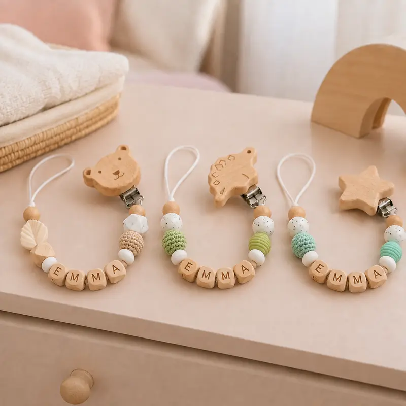 Attache-Tétine Bébé Personnalisée en Bois et Silicone