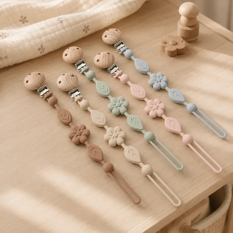 Attache-Tétine Fleur en Silicone Souple et Bois – 4 Couleurs