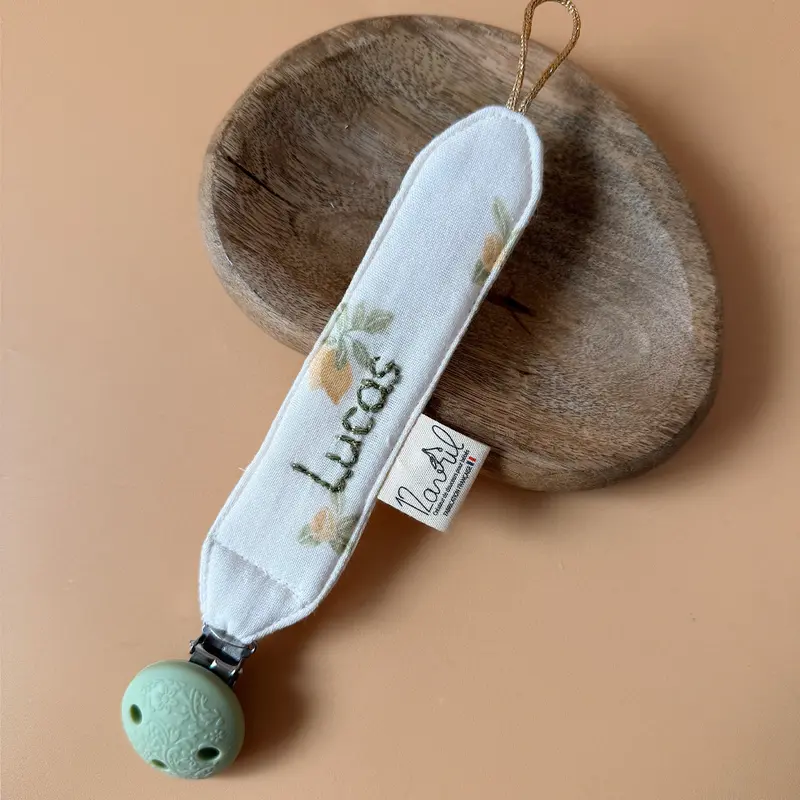 Attache tétine personnalisée avec prénom - Gaze de coton motif citrons