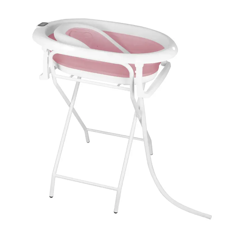 Baignoire bébé 0-18 mois pliable ergonomique - siège bain thermomètre avec support gris bleu rose