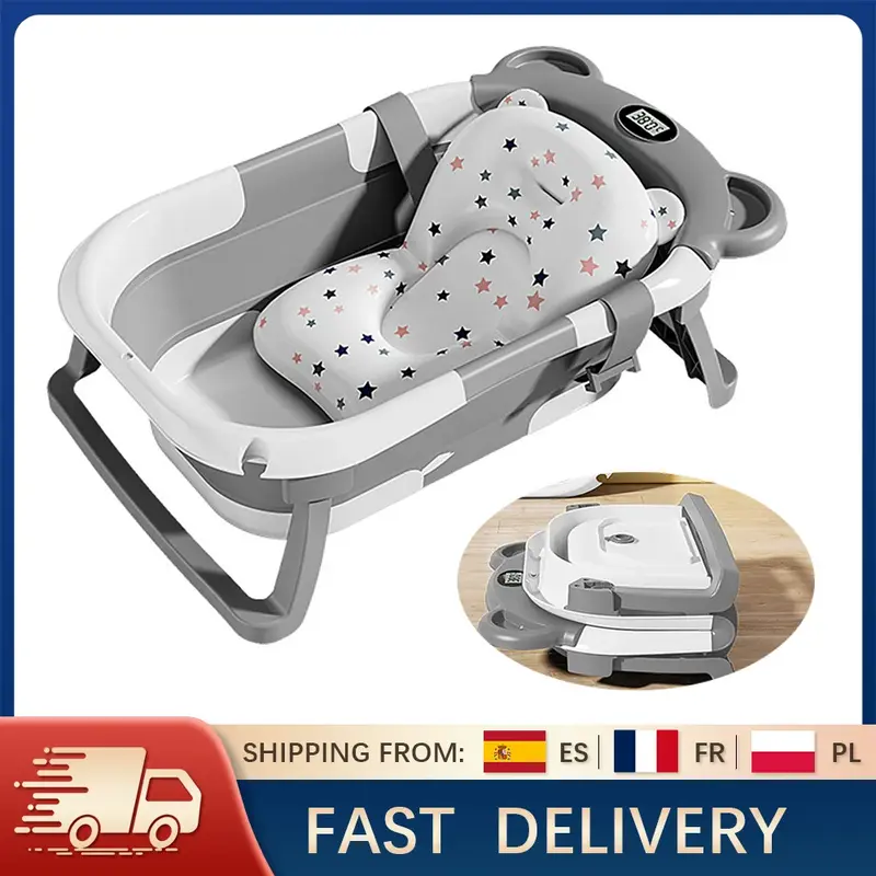 Baignoire bébé pliable avec thermomètre - tapis antidérapant coussin soutien baignoire voyage nouveau-né 0-15 mois