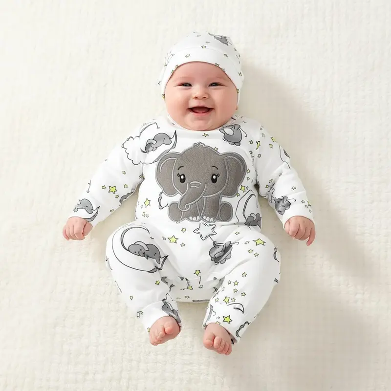 Barboteuse Bébé Éléphant + Chapeau – Ensemble 2 Pièces