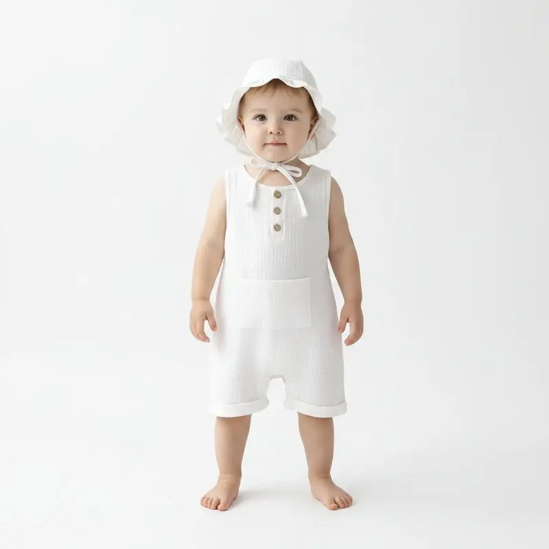 Barboteuse Bébé Été Coton Mousseline – Ensemble 2 Pièces avec Chapeau