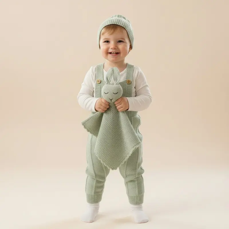 Barboteuse Tricotée & Doudou Lapin — Ensemble Bébé 3 Pièces | 0-18 Mois
