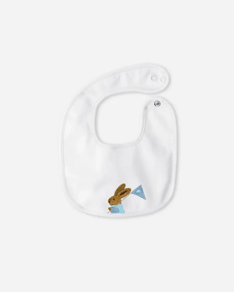 Bavoir naissance en coton blanc brodé Lapin bleu