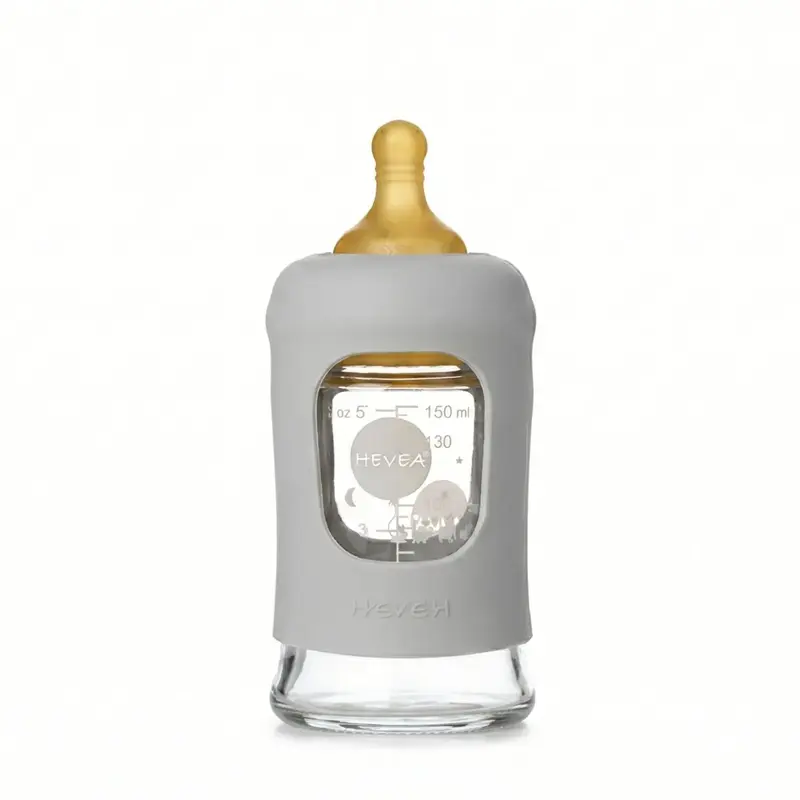 Biberon en verre à col large avec manchon Hevea 150ml - Gorgeous Grey