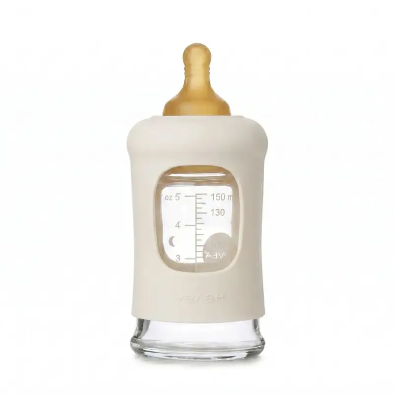 Biberon en verre à col large avec manchon Hevea 150ml - Ivoire
