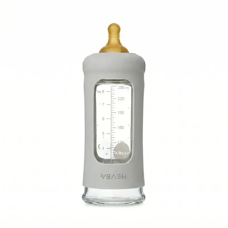 Biberon en verre à col large avec manchon Hevea 250ml - Gris
