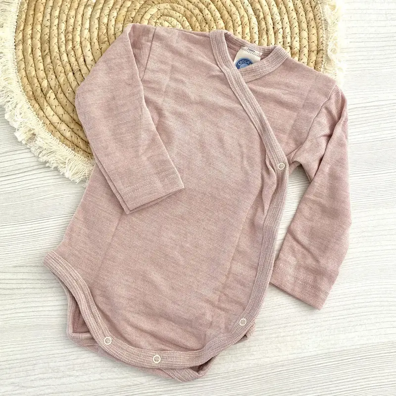 Body à manches longues ouvert devant en laine et soie Cosilana Rose