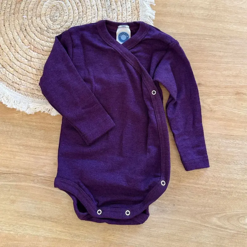 Body à manches longues ouvert devant en laine et soie Cosilana Violet