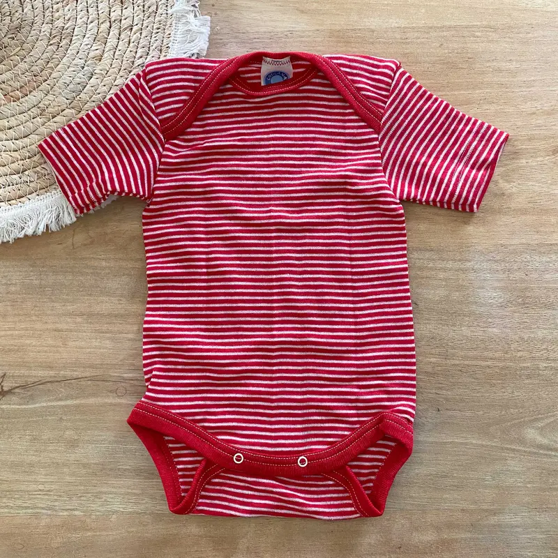 Body à MC en laine & soie Cosilana - Rayé rouge