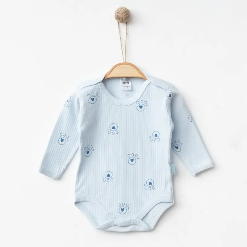 Body bébé Côtelé bleu pastel et petites pattes (1, 3, 6, 9 et 12 mois)