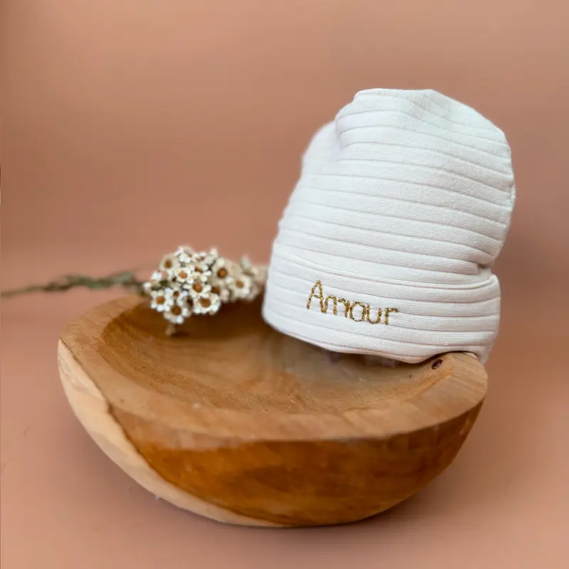 Bonnet de Naissance en Maille Côtelé Beige - Prénom
