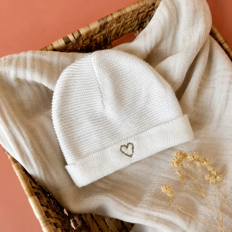 Bonnet de Naissance personnalisé Tricoté Blanc - ♡ Initiale brodée