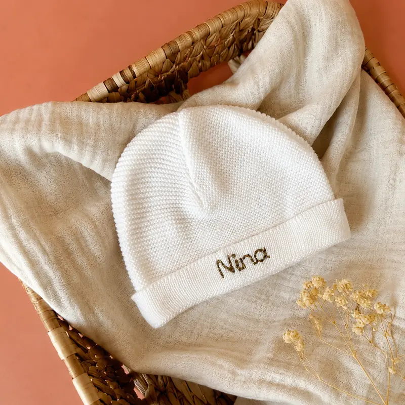 Bonnet de Naissance personnalisé Tricoté Blanc - Prénom personnalisé