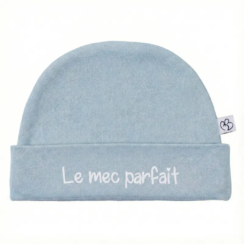 Bonnet Naissance bébé “Le mec parfait” bleu grisé