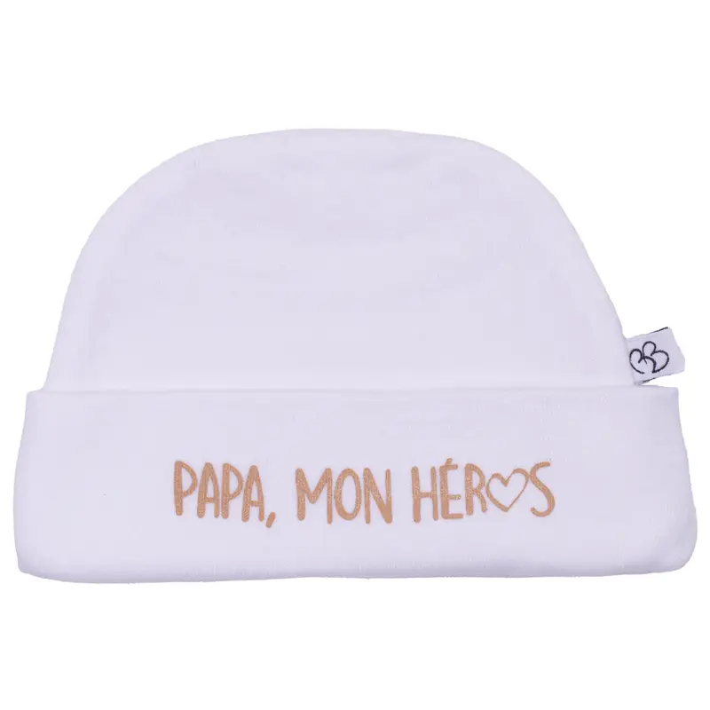 Bonnet Naissance “Papa mon héros" blanc