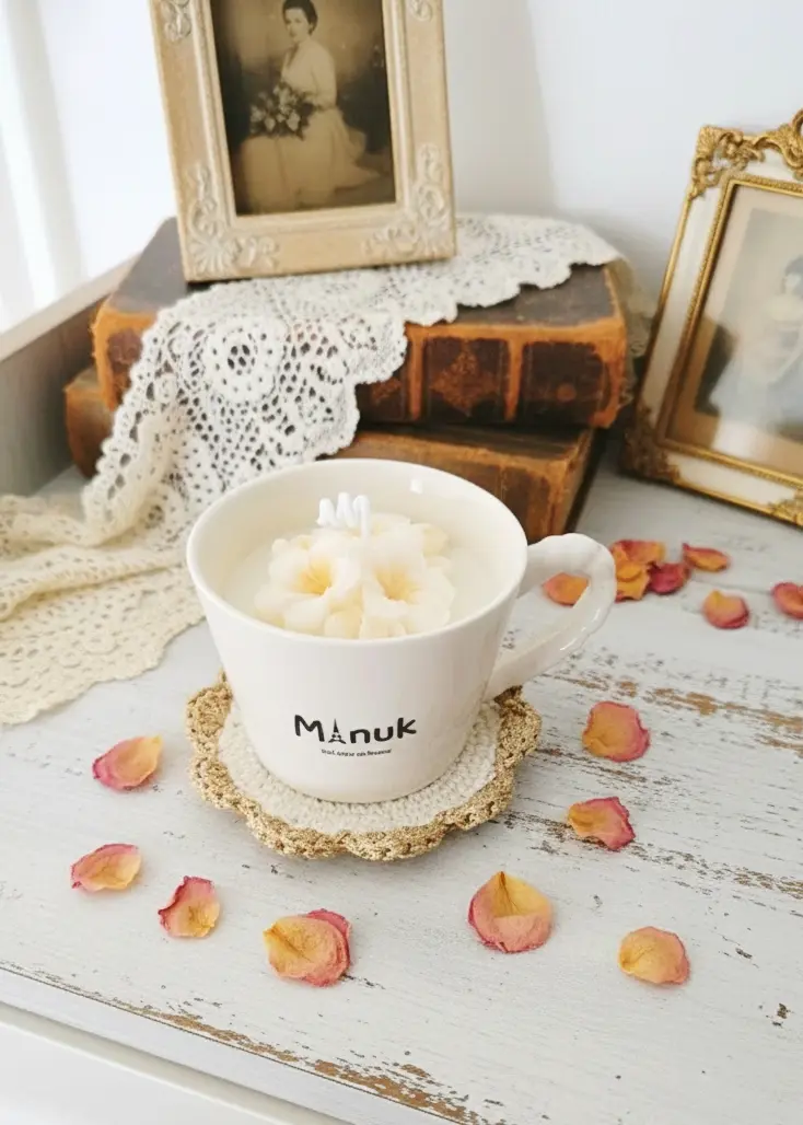 Bougie parfumée en tasse en céramique avec sous-tasse au crochet