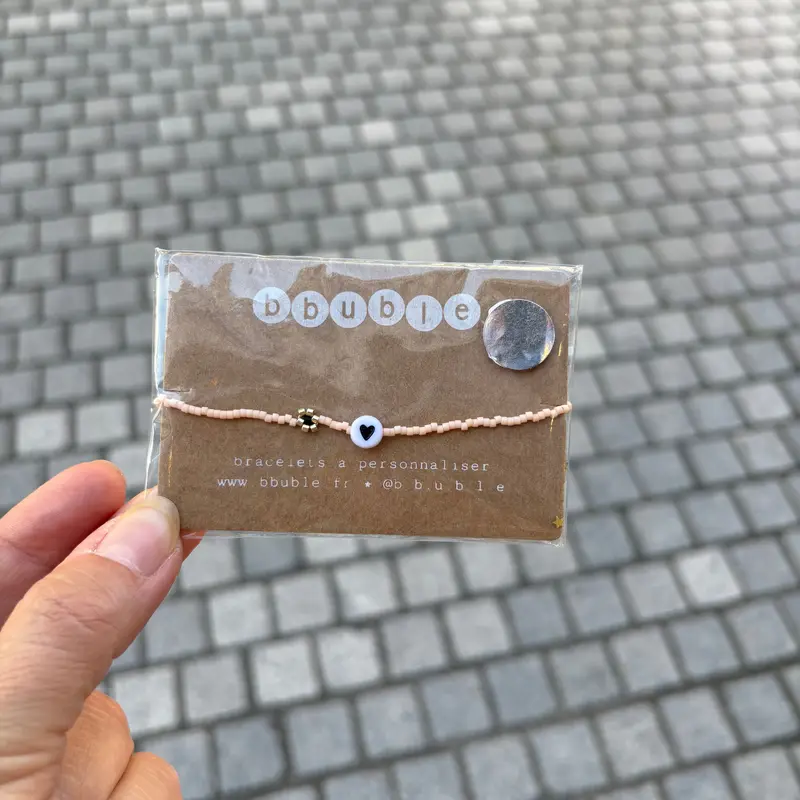 Bracelet Femme Coeur Noir - Cordon Perles miyuki roses - Bbuble