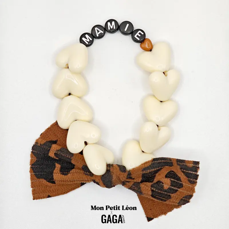 Bracelet femme - Maxi Coeur Ecru & Noeud léopard - Mamie - Gaga