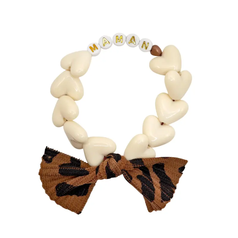Bracelet femme - Maxi Coeur et noeud léopard (coloris au choix) - Maman en blanc / doré - Gaga