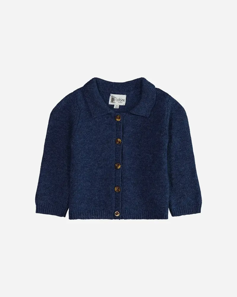 Cardigan bébé col polo en laine et cachemire bleu denim