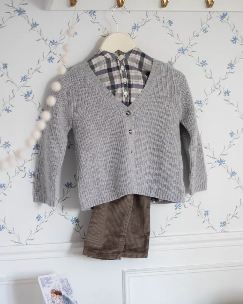 Cardigan bébé col V en laine et cachemire côtelé perle moucheté