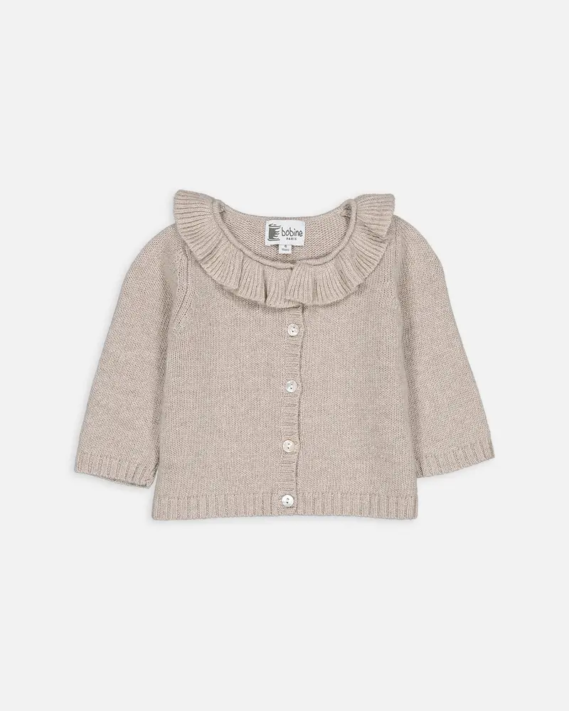 Cardigan en laine et cachemire col volanté beige clair