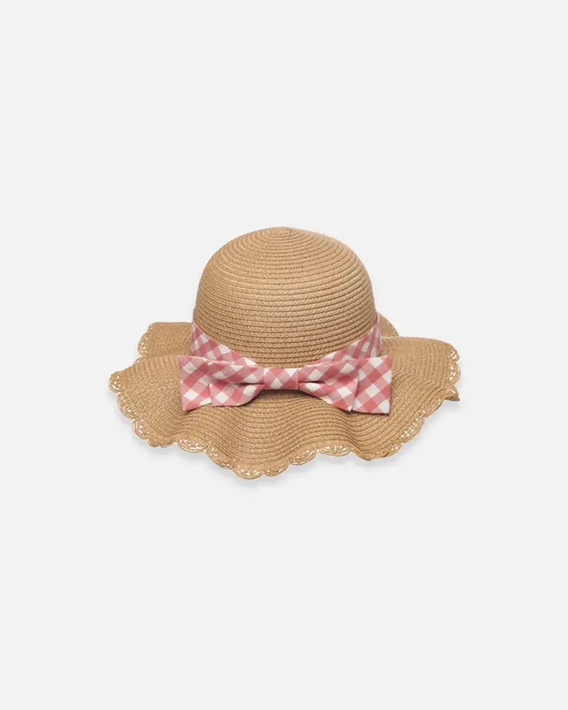 Chapeau de soleil en paille à nœud vichy rose 3-6 ans