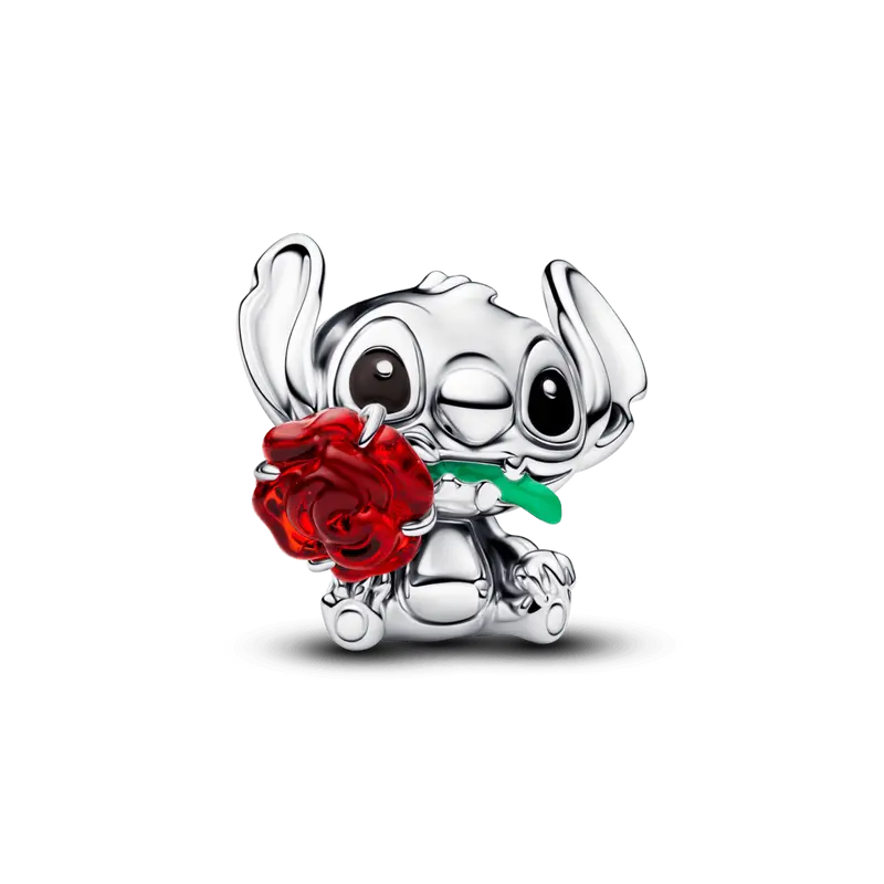 Charm Pandora Disney Stitch et Rose en verre de Murano