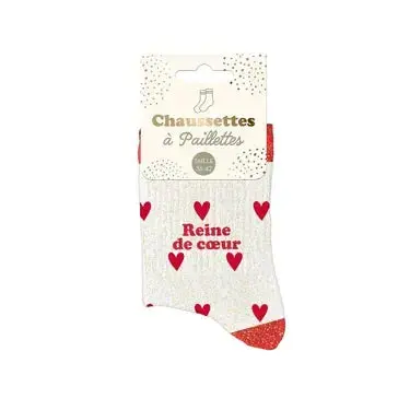 Chaussettes à paillettes « Reine de Cœur » – Beige & cœur rouge