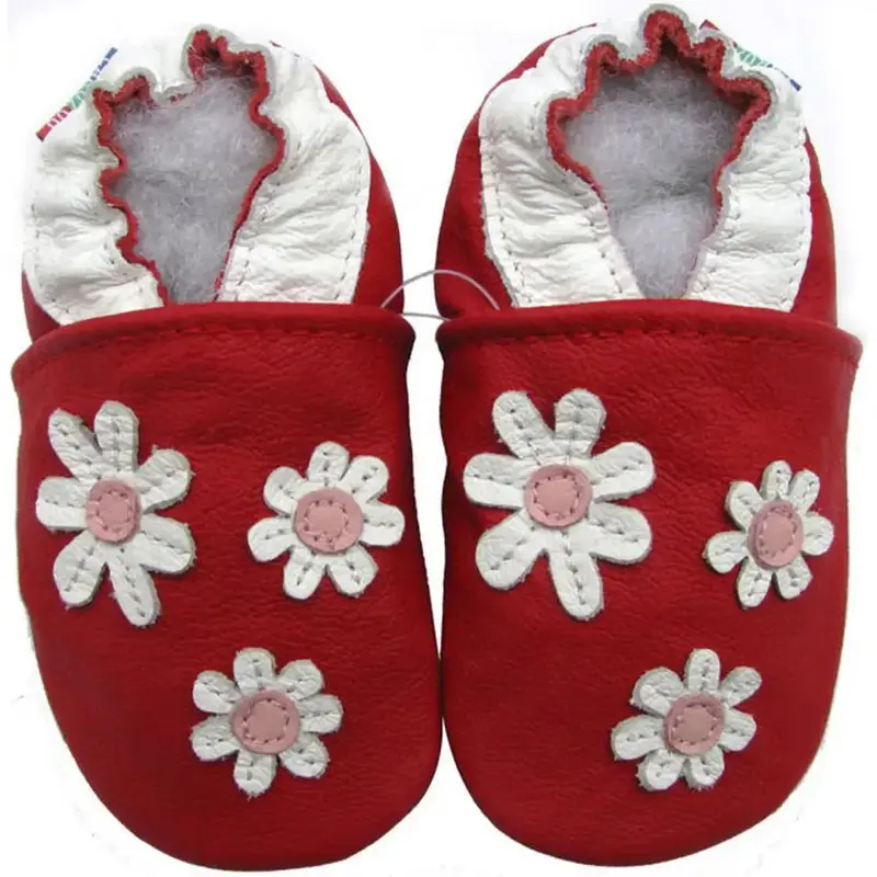 Chaussons cuir souple Carozoo - 3 fleurs fond bordeaux