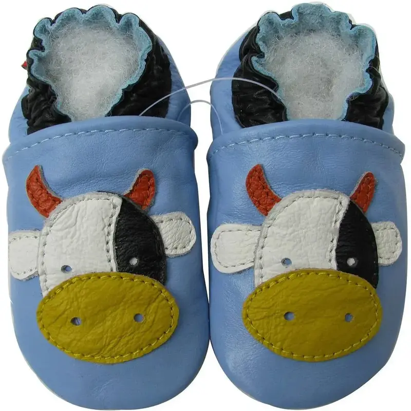 Chaussons cuir souple Carozoo - Cow fond bleu
