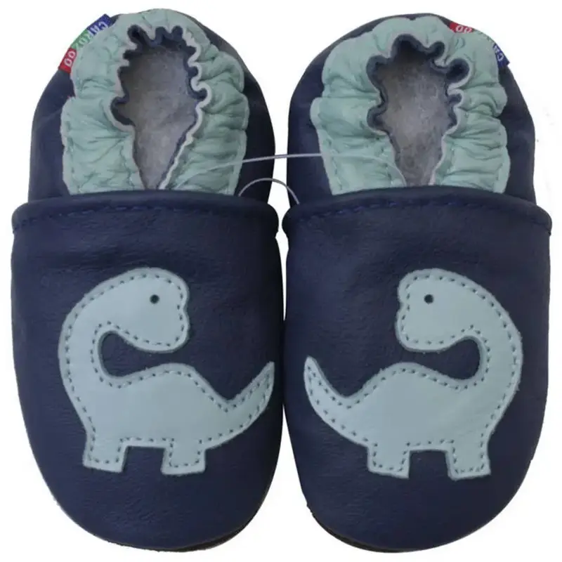 Chaussons cuir souple Carozoo - Dinosaure bleu