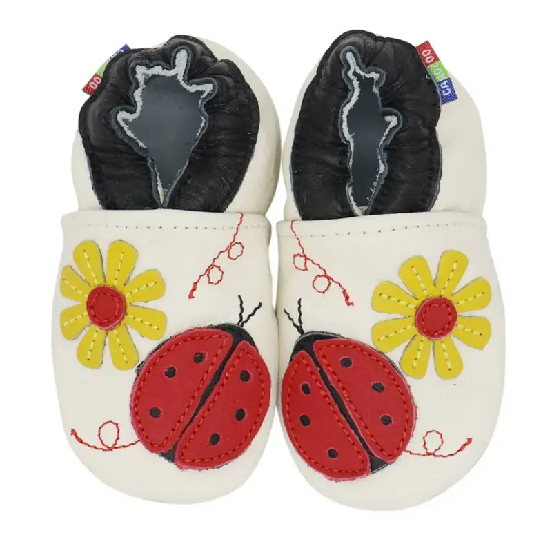 Chaussons cuir souple Carozoo - Ladybug flower cream