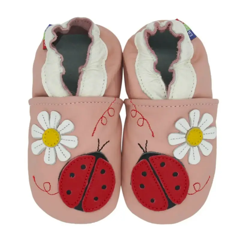 Chaussons cuir souple Carozoo - Ladybug flower pink
