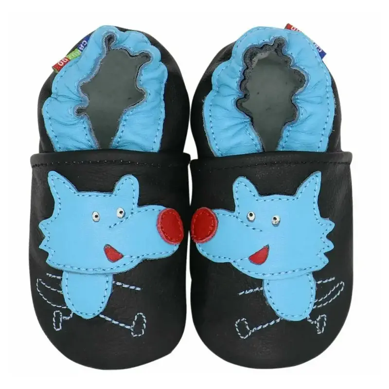 Chaussons cuir souple Carozoo - Loup bleu