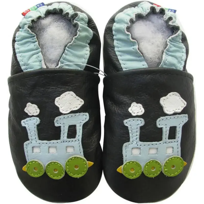 Chaussons cuir souple Carozoo- Tchou tchou bleu