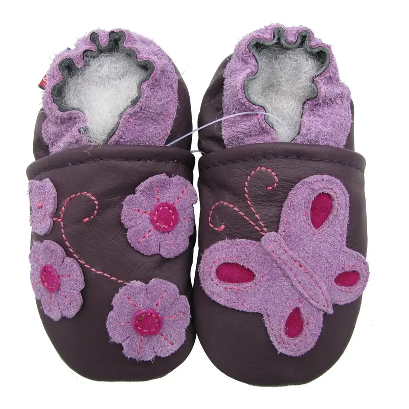 Chaussons cuir souple papillons/fleurs fond violine