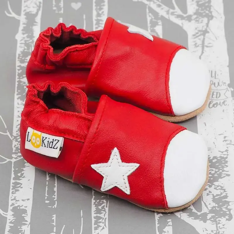 Chaussons en cuir souple Lookidz - Etoile blanche fond rouge 0-6mois